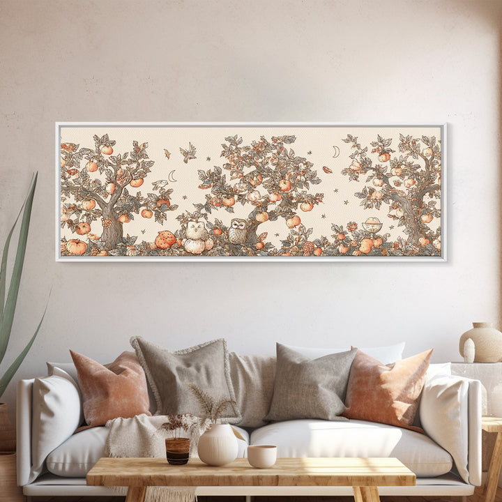The Sleepy Owl Orchard, Hand Sketch Halloween Art, Extra Wide Wall Art, Canvas Print, Cute Halloween Wall Art