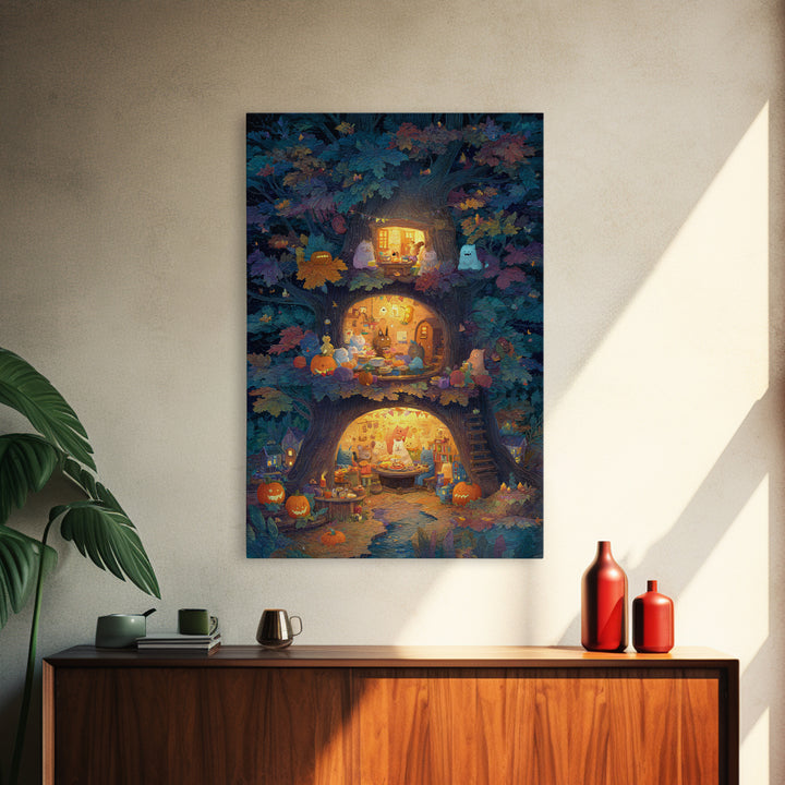 The Cozy Hollow Tree, Gouache Halloween Art, Vertical Wall Art, Canvas Print, Cute Halloween Wall Art