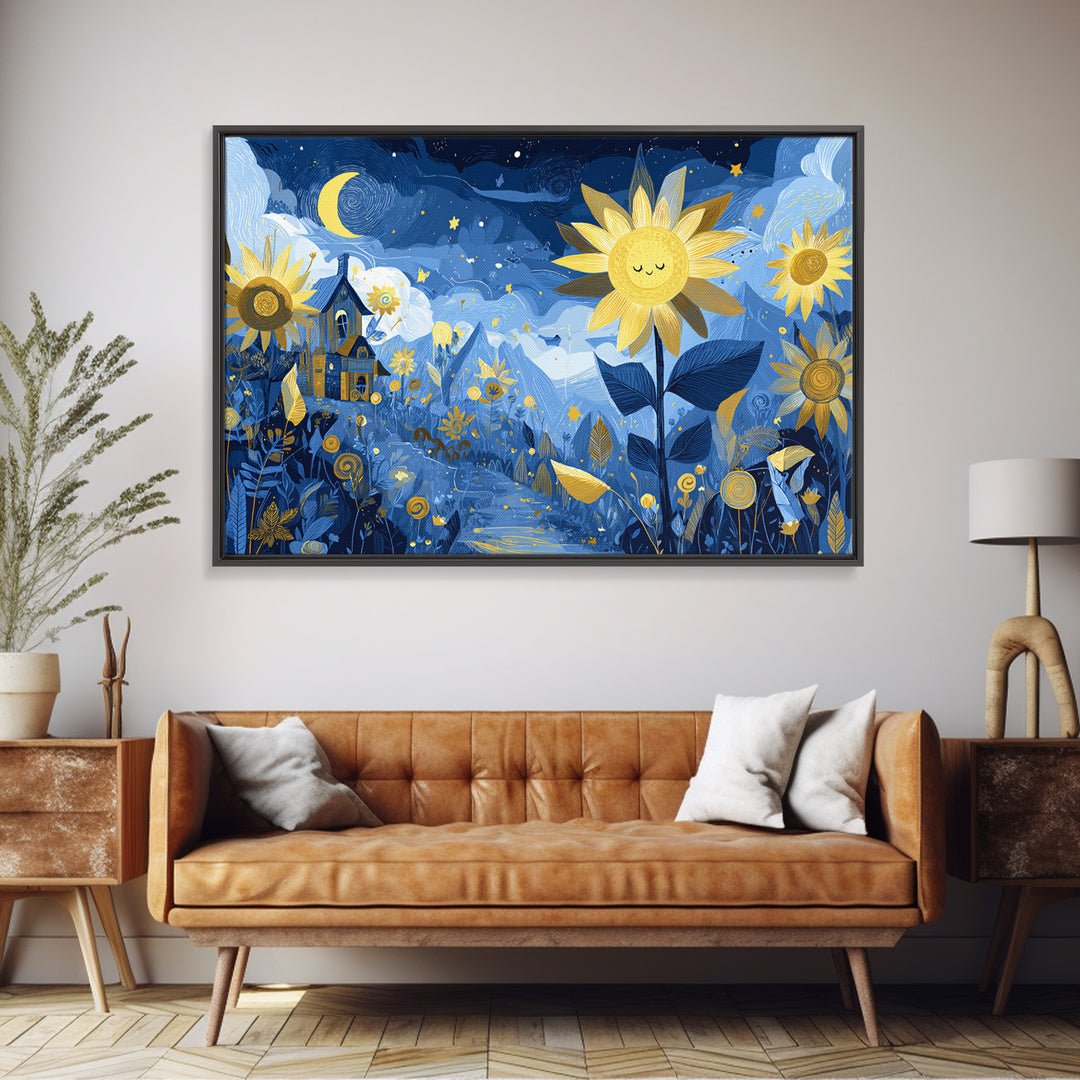 The Singing Sunflowers At Midnight, Crayon Halloween Art, Landscape Wall Art, Framed Canvas Print, Cute Halloween Wall Art