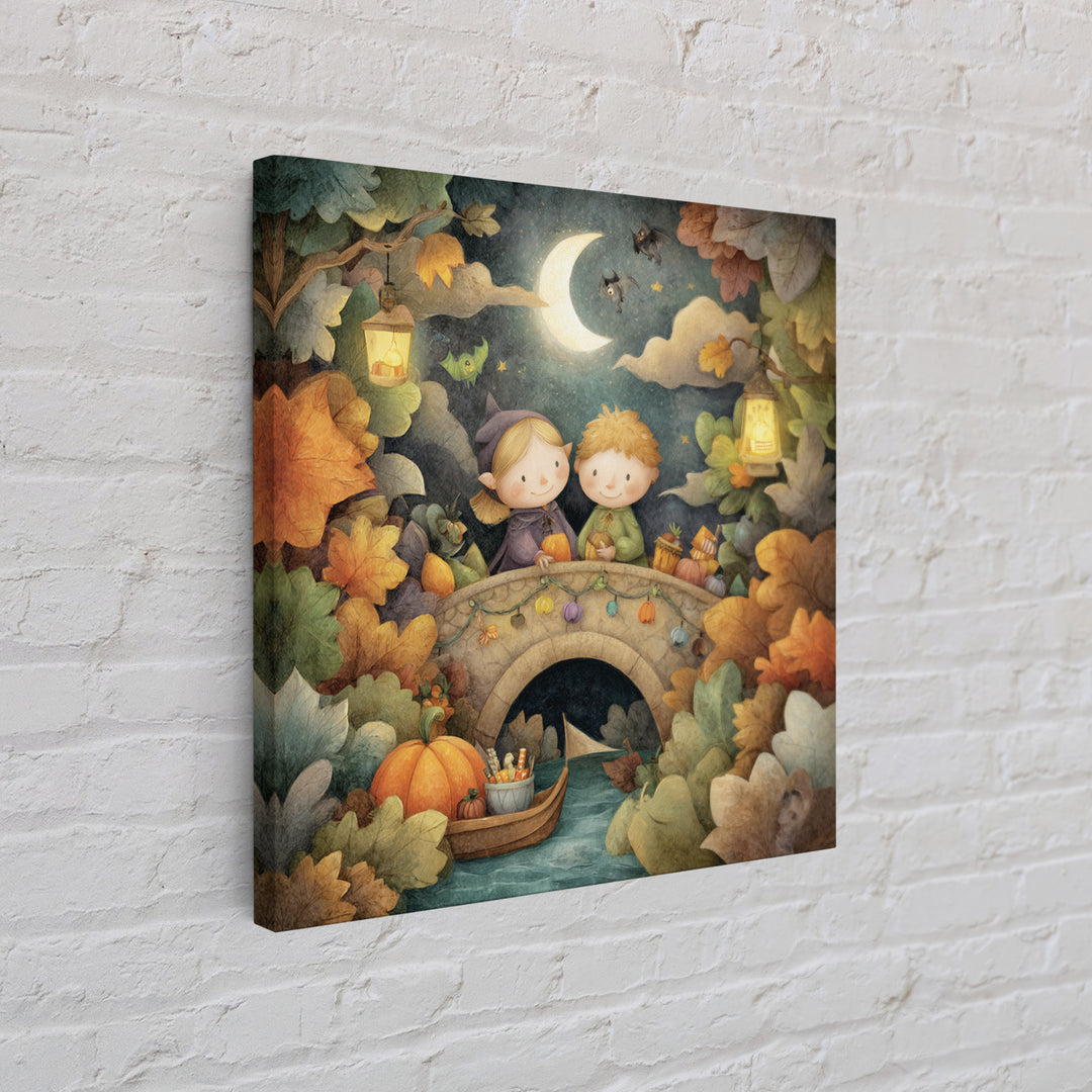 The Autumn Fairy Bridge, Pastel Halloween Art, Square Wall Art, Canvas Print, Cute Halloween Wall Art