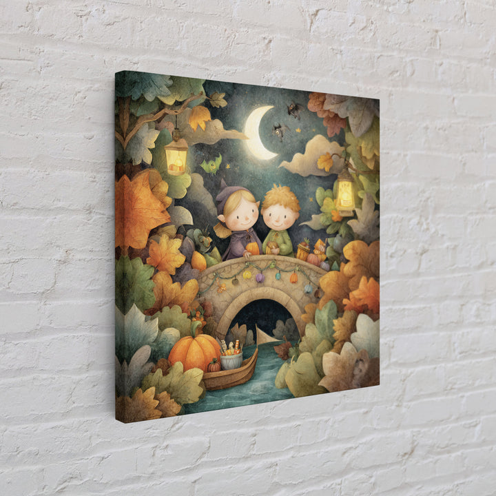 The Autumn Fairy Bridge, Pastel Halloween Art, Square Wall Art, Canvas Print, Cute Halloween Wall Art
