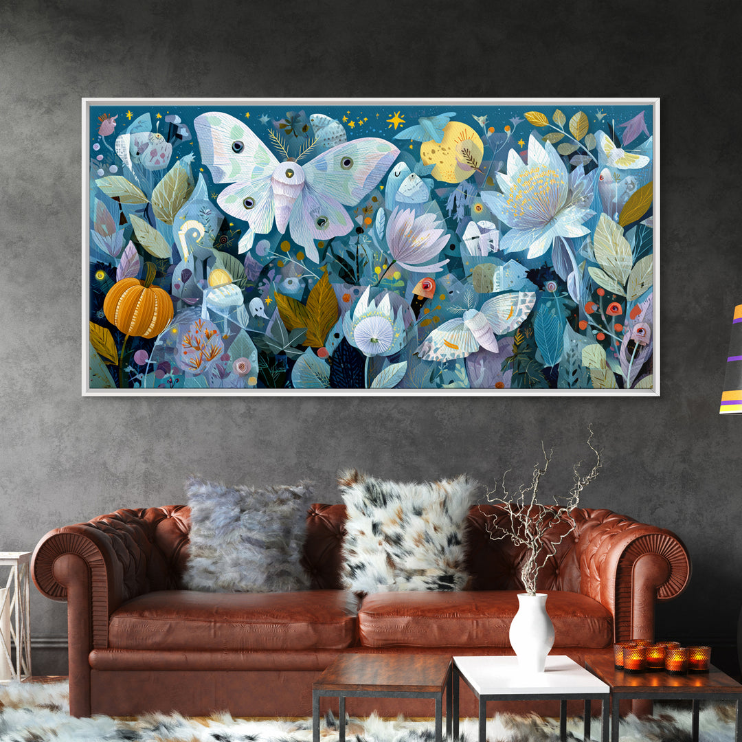 The Moon-Moth Garden, Paper Collage Halloween, Wide Panoramic Art, Framed Canvas Print, Cute Halloween Wall Art