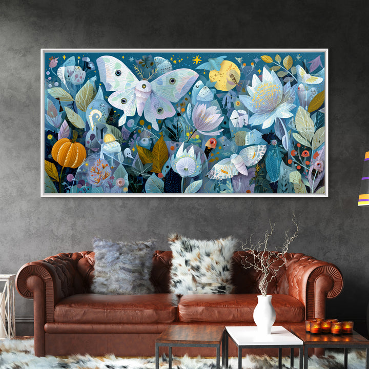 The Moon-Moth Garden, Paper Collage Halloween, Wide Panoramic Art, Framed Canvas Print, Cute Halloween Wall Art