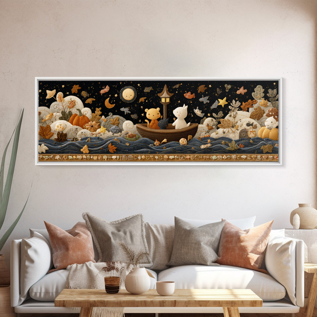 The Golden Leaf River, Felt Halloween Art, Extra Wide Wall Art, Canvas Print, Cute Halloween Wall Art