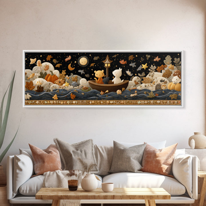 The Golden Leaf River, Felt Halloween Art, Extra Wide Wall Art, Canvas Print, Cute Halloween Wall Art