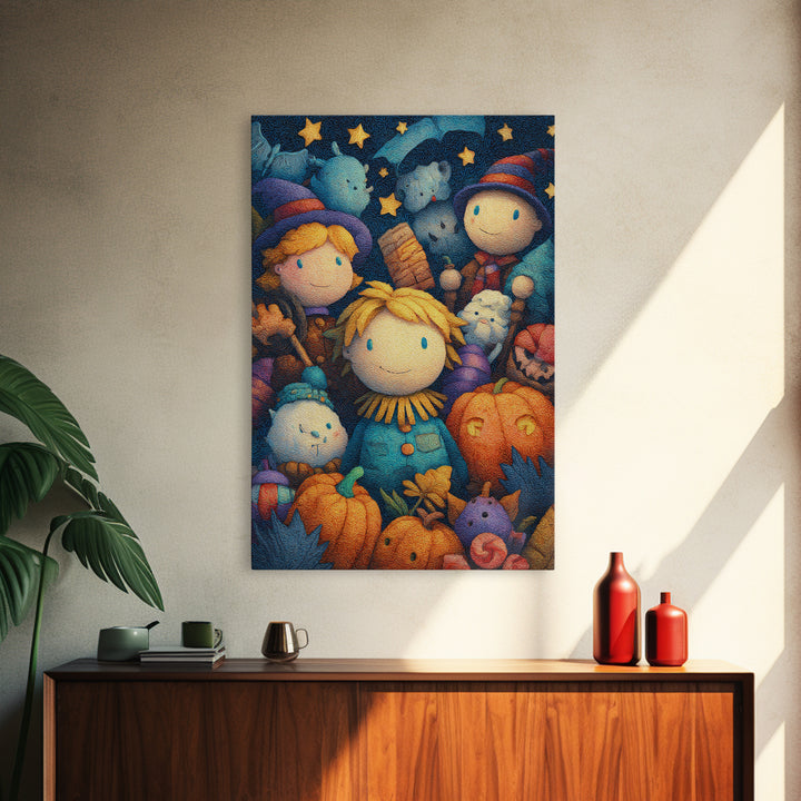 The Starry Cornfield Maze, Plush Halloween Art, Vertical Wall Art, Canvas Print, Cute Halloween Wall Art