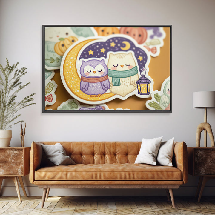 The Owl And The Crescent Moon, Kawaii Halloween Art, Landscape Wall Art, Framed Canvas Print, Cute Halloween Wall Art