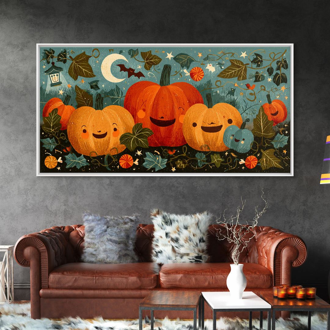 The Singing Pumpkin Patch, Screenprint Halloween Art, Wide Panoramic Art, Framed Canvas Print, Cute Halloween Wall Art