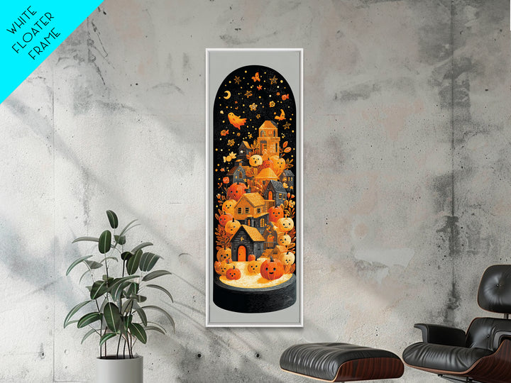 Halloween Inside A Snow Globe, Linocut Halloween Art, Tall Narrow Wall Art, Framed Canvas Print, Cute Halloween Wall Art