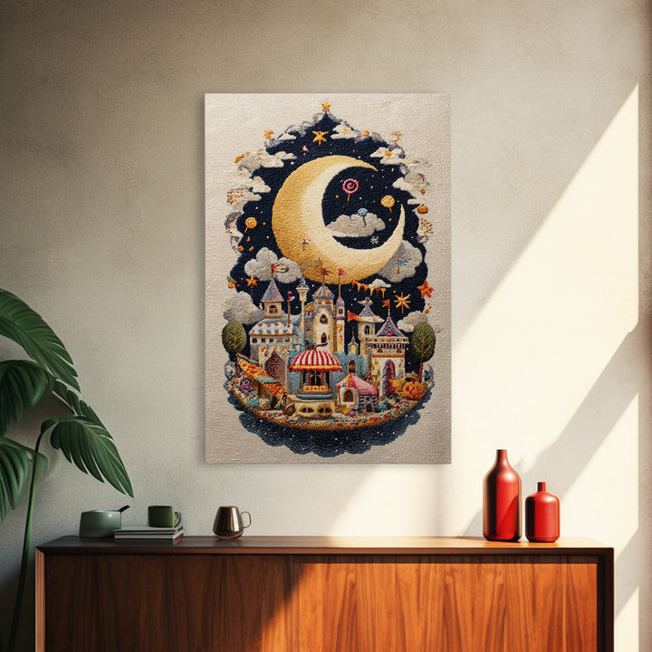 The Tiny Moon Carnival, Embroidered Halloween Art, Vertical Wall Art, Canvas Print, Cute Halloween Wall Art
