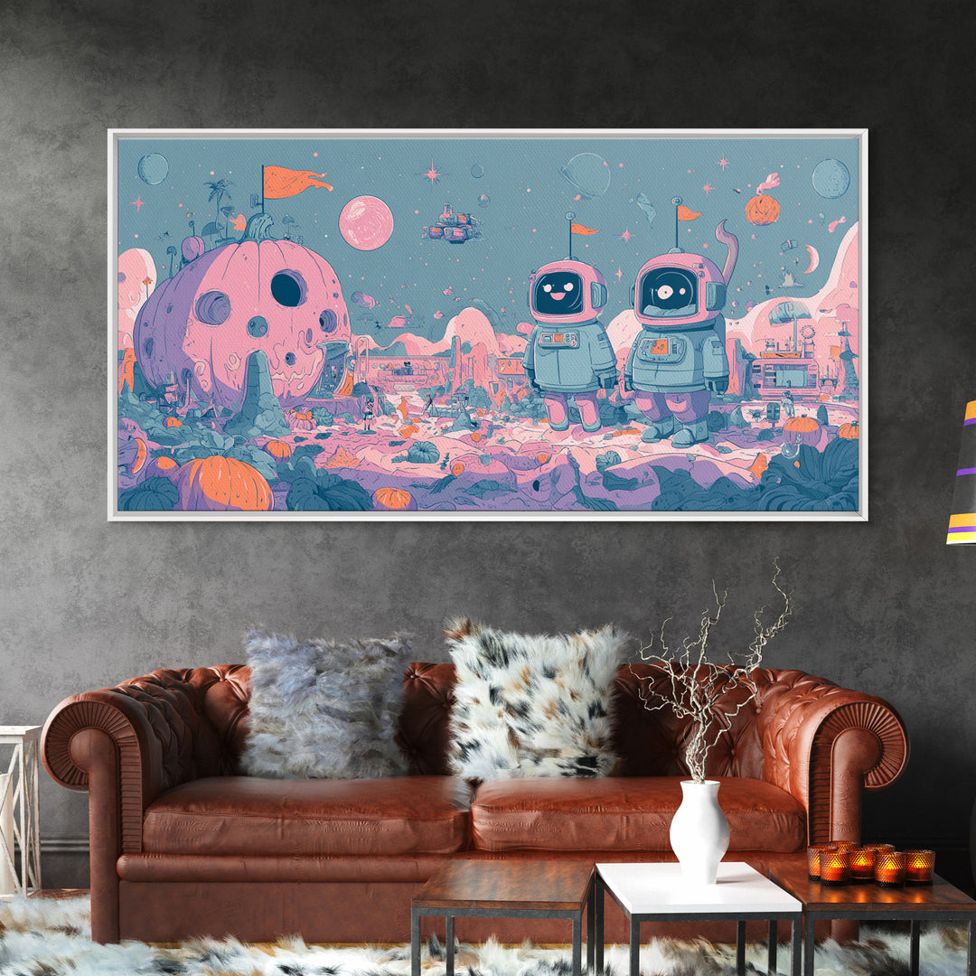 The Pumpkin Moon Expedition, Vaporwave Halloween Art, Wide Panoramic Art, Framed Canvas Print, Cute Halloween Wall Art