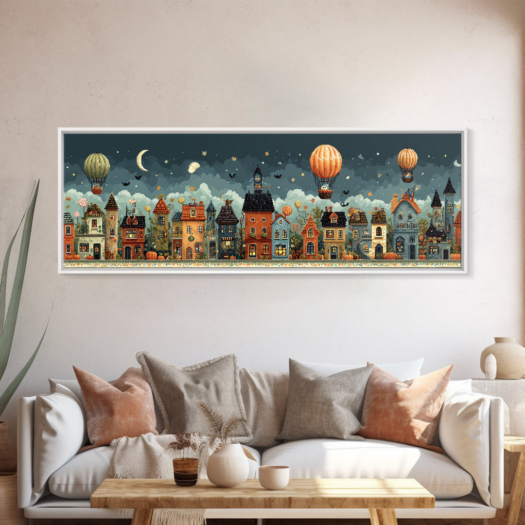 The Ghost Balloon City, Pixel Halloween Art, Extra Wide Wall Art, Canvas Print, Cute Halloween Wall Art