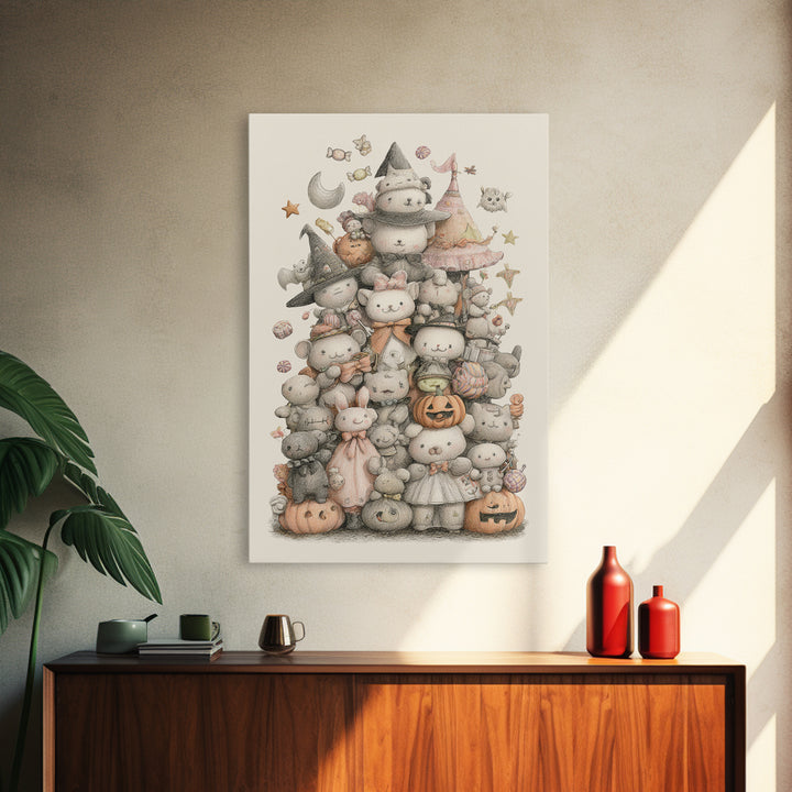 The Halloween Toy Kingdom, Hand Sketch Halloween Art, Vertical Wall Art, Canvas Print, Cute Halloween Wall Art