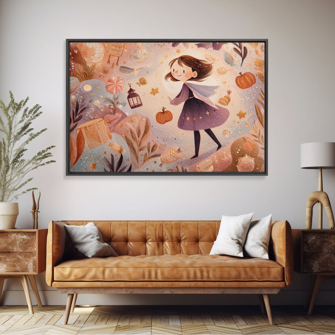 The Magical Costume Workshop, Watercolor Halloween Art, Landscape Wall Art, Framed Canvas Print, Cute Halloween Wall Art