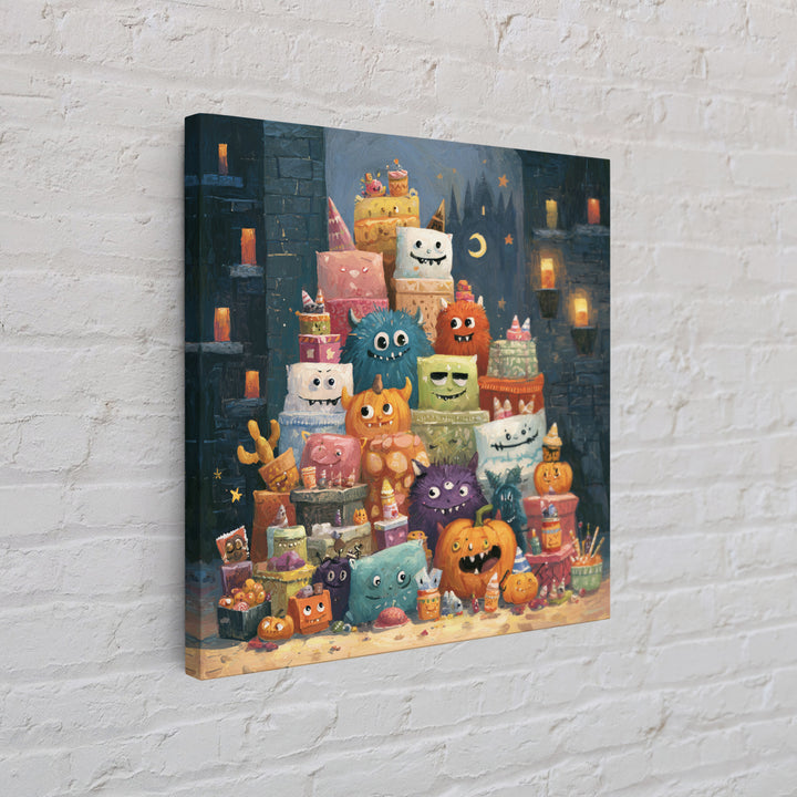 The Great Monster Pajama Party, Gouache Halloween Art, Square Wall Art, Canvas Print, Cute Halloween Wall Art
