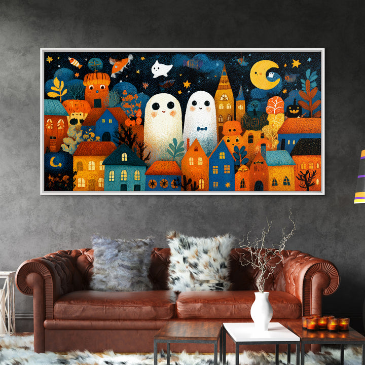 The Rainbow Halloween Night, Crayon Halloween Art, Wide Panoramic Art, Framed Canvas Print, Cute Halloween Wall Art