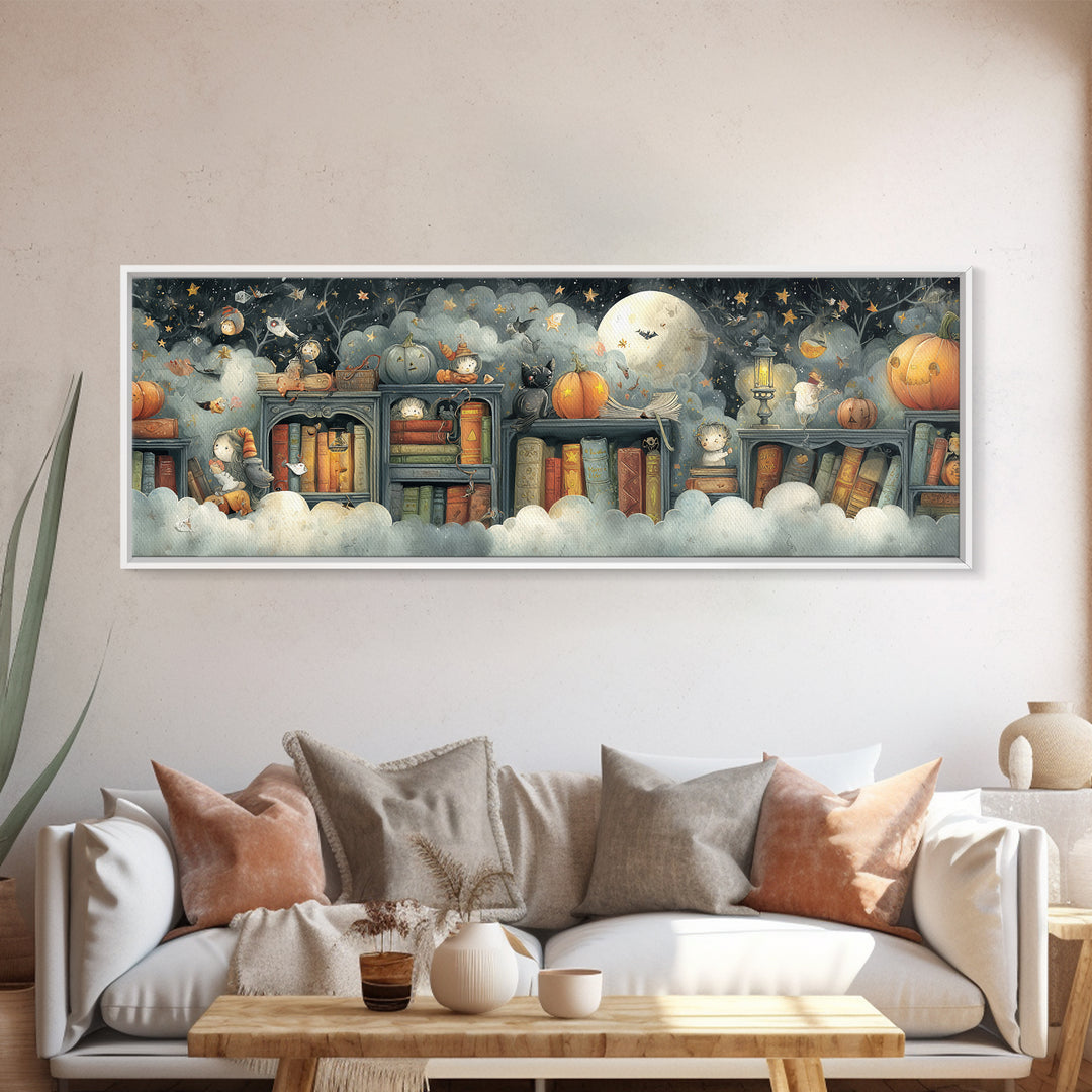 The Enchanted Halloween Library, Pastel Halloween Art, Extra Wide Wall Art, Canvas Print, Cute Halloween Wall Art
