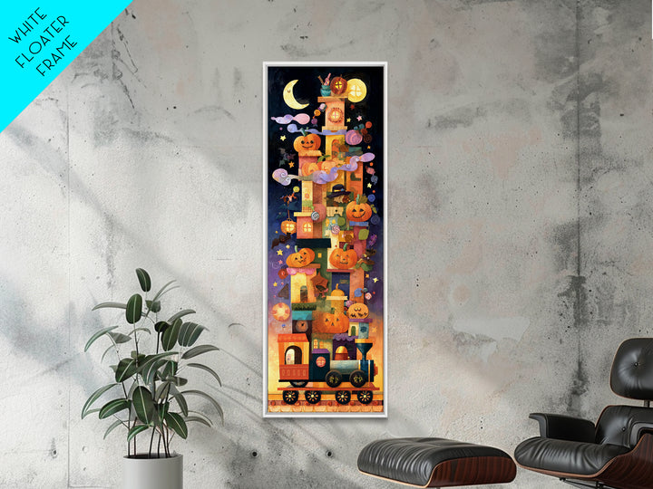 The Trick-Or-Treat Express, Paper Collage Halloween, Tall Narrow Wall Art, Framed Canvas Print, Cute Halloween Wall Art