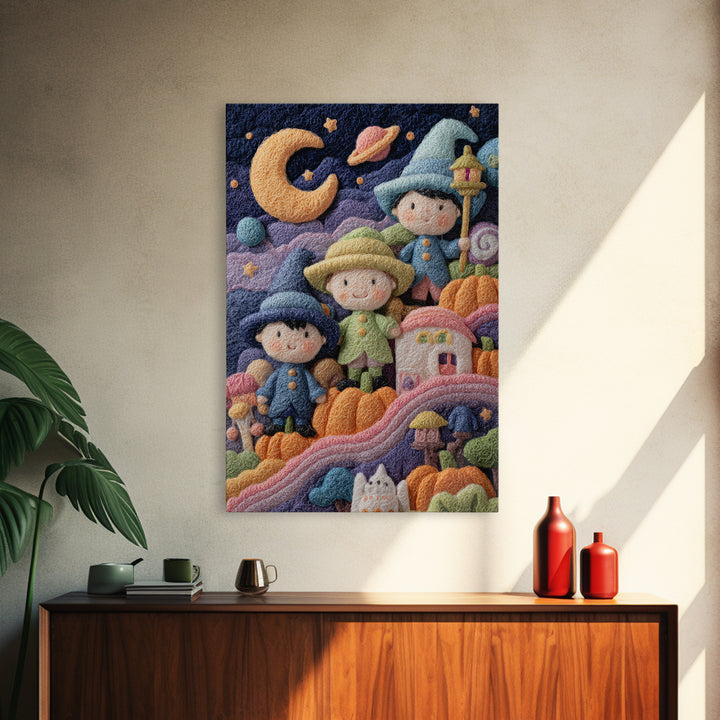 The Parade Across The Stars, Felt Halloween Art, Vertical Wall Art, Canvas Print, Cute Halloween Wall Art