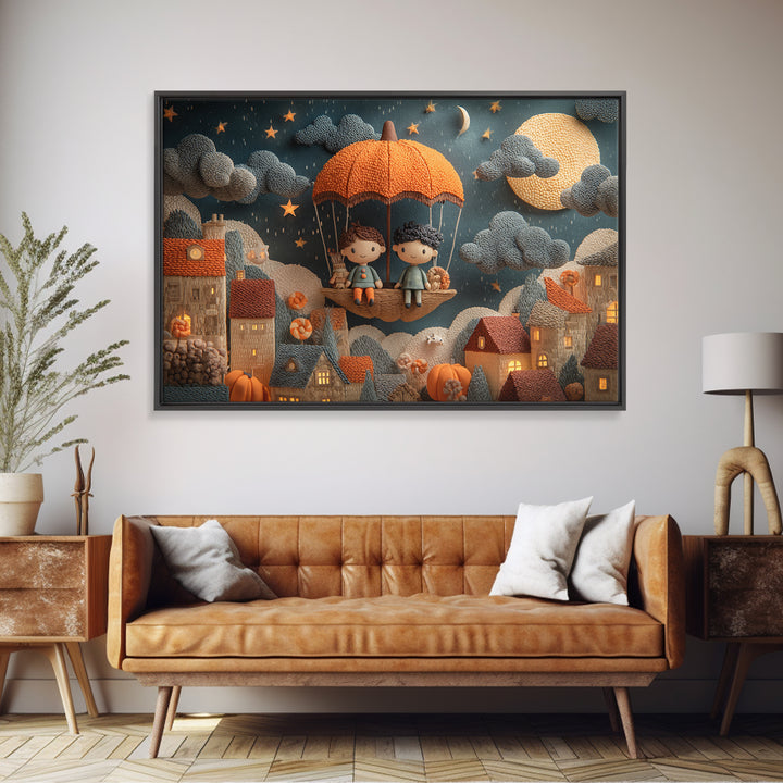 The Enchanted Umbrella Adventure, Clay Halloween Art, Landscape Wall Art, Framed Canvas Print, Cute Halloween Wall Art