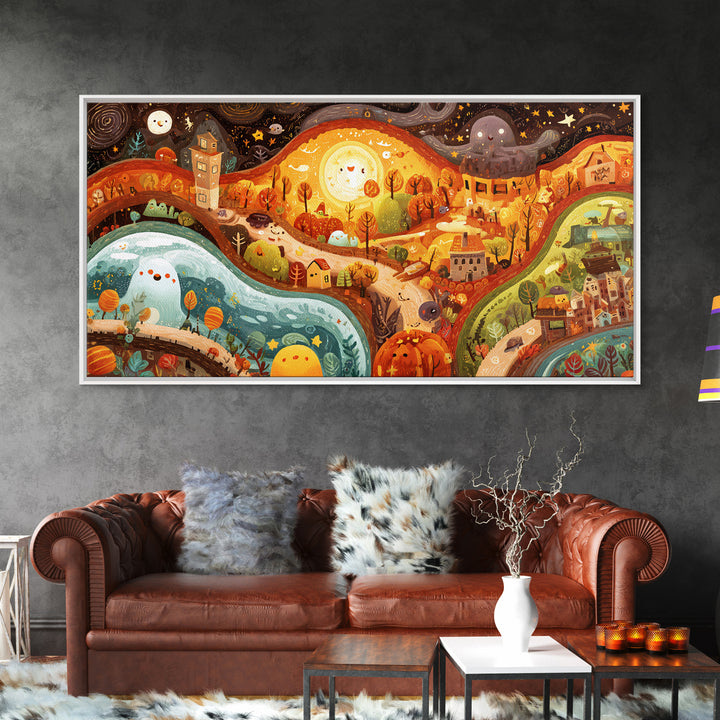 The World Inside A Lantern, Kawaii Halloween Art, Wide Panoramic Art, Framed Canvas Print, Cute Halloween Wall Art