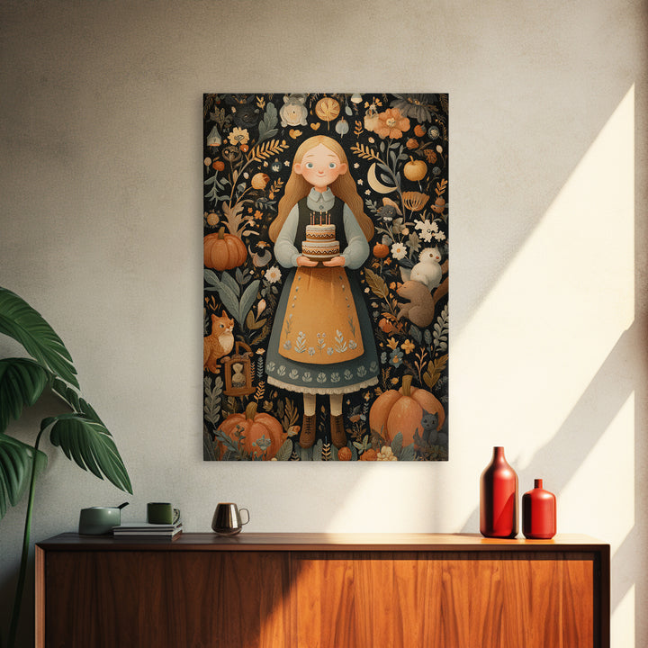 October'S Birthday Party, Folk Halloween Art, Vertical Wall Art, Canvas Print, Cute Halloween Wall Art
