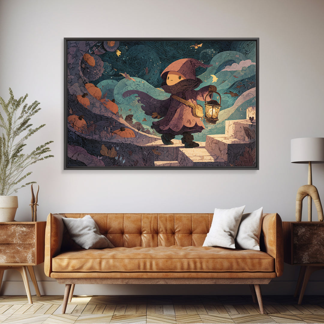 The Lantern-Bearer Of R’Lyeh, Linocut Halloween Art, Landscape Wall Art, Framed Canvas Print, Cute Halloween Wall Art
