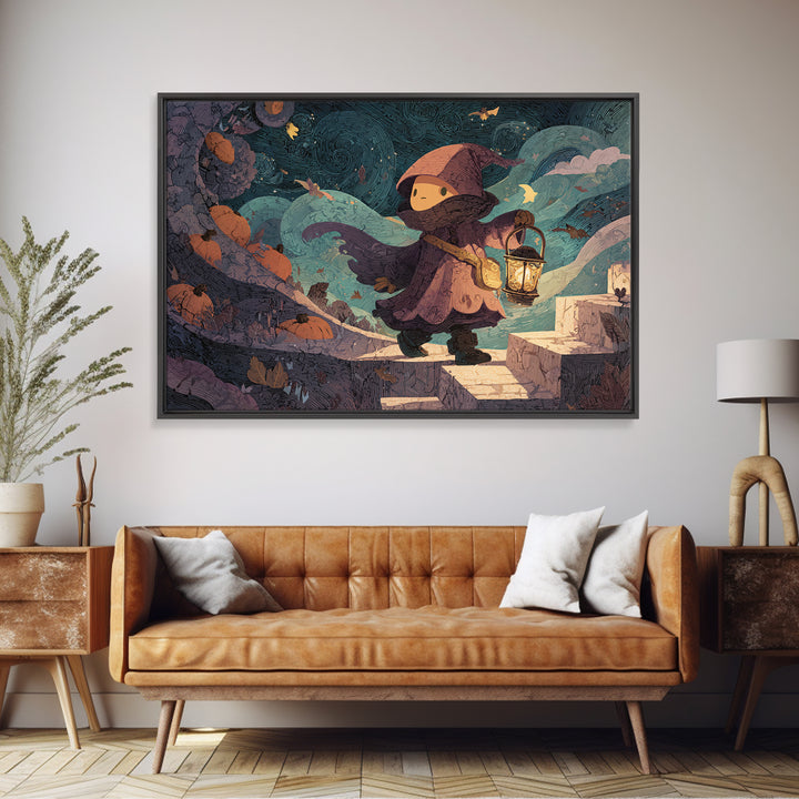 The Lantern-Bearer Of R’Lyeh, Linocut Halloween Art, Landscape Wall Art, Framed Canvas Print, Cute Halloween Wall Art