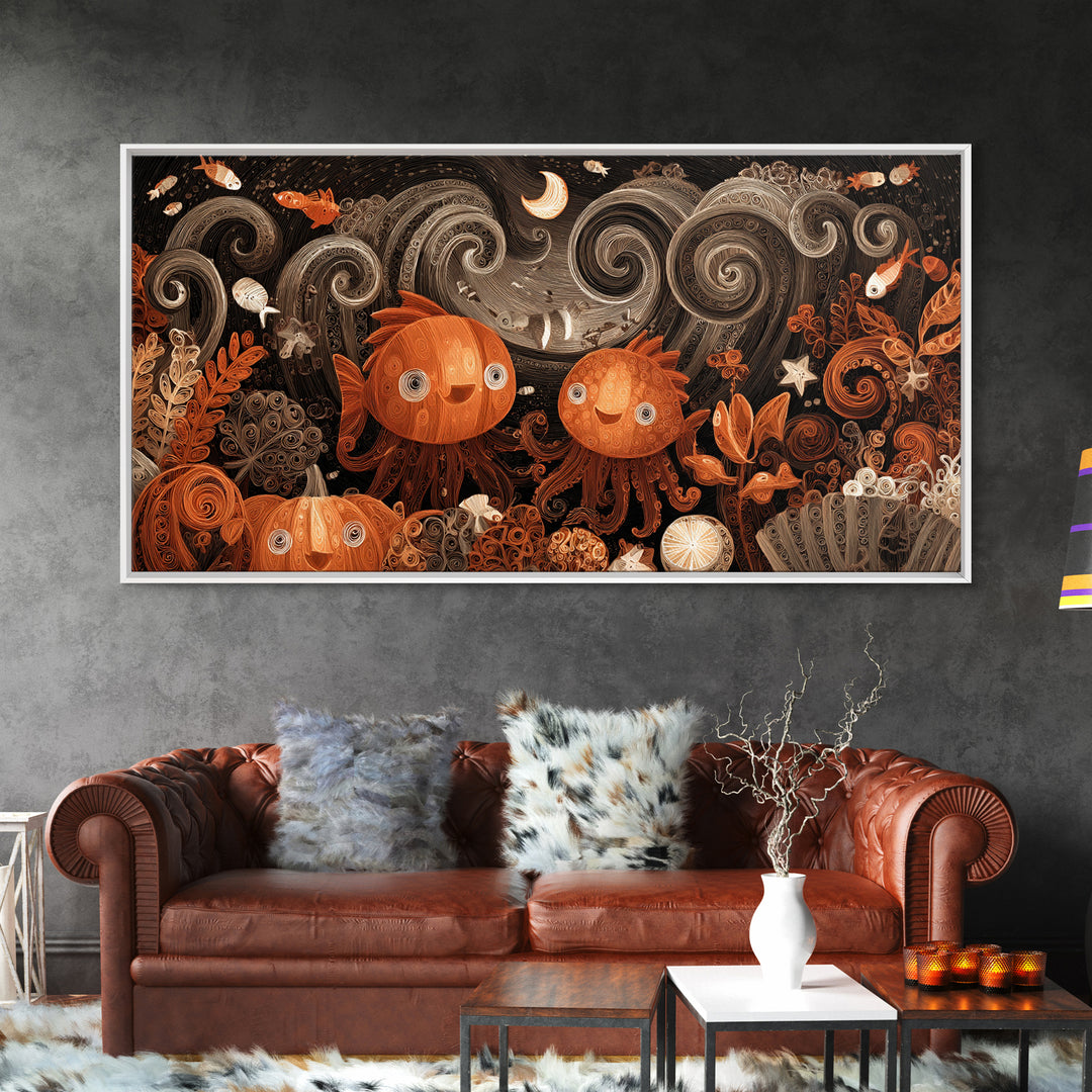 The Choir Of Deepwater Acolytes, Quilled Halloween Art, Wide Panoramic Art, Framed Canvas Print, Cute Halloween Wall Art