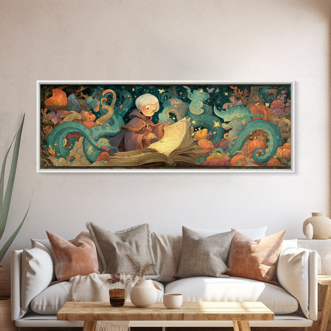 The Librarian Of Forbidden Tides, Stained Glass Halloween, Extra Wide Wall Art, Canvas Print, Cute Halloween Wall Art