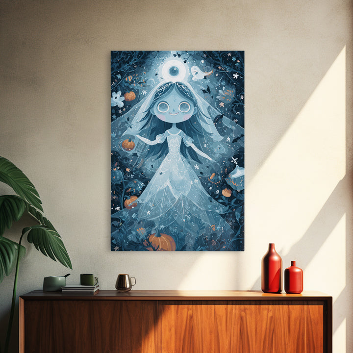 The Bride Of The Abyssal Moon, Pixel Halloween Art, Vertical Wall Art, Canvas Print, Cute Halloween Wall Art