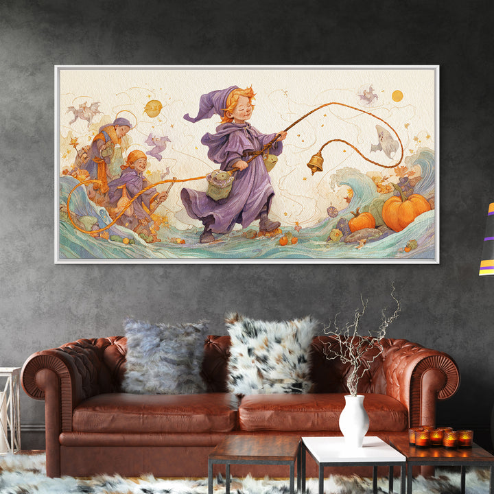 The Bellringer Of The Sunken Cathedral, Watercolor Halloween Art, Wide Panoramic Art, Framed Canvas Print, Cute Halloween Wall Art