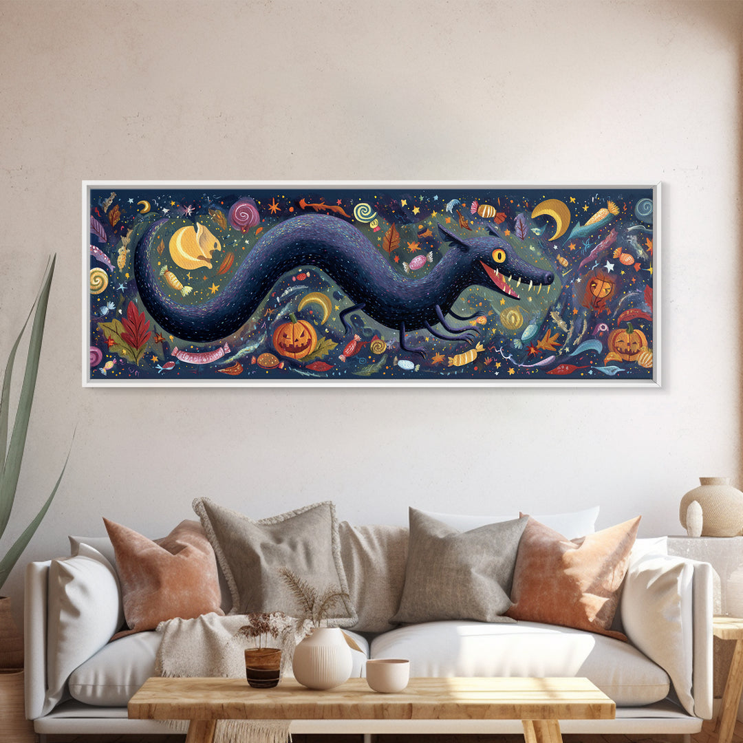 The Crawler Beneath The Floor Of Stars, Gouache Halloween Art, Extra Wide Wall Art, Canvas Print, Cute Halloween Wall Art