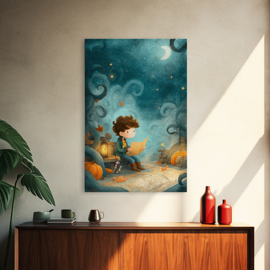The Mapmaker Of Impossible Shores, Pastel Halloween Art, Vertical Wall Art, Canvas Print, Cute Halloween Wall Art