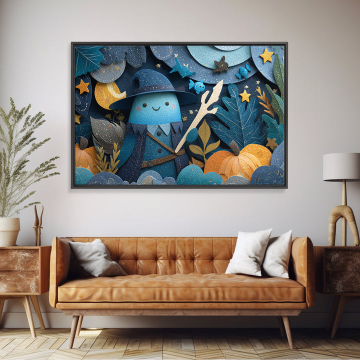 The Keeper Of The Black Reef Key, Paper Collage Halloween, Landscape Wall Art, Framed Canvas Print, Cute Halloween Wall Art