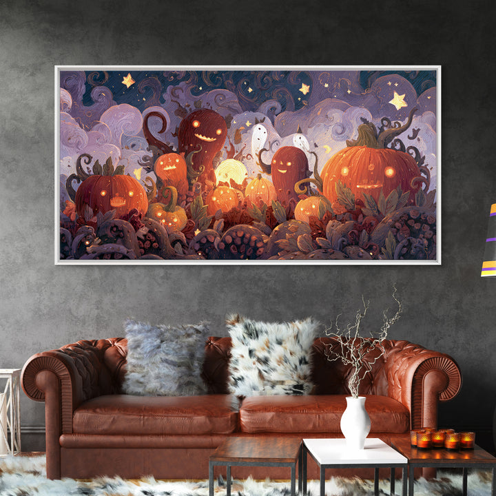 The Harvest Of The Eldritch Field, Clay Halloween Art, Wide Panoramic Art, Framed Canvas Print, Cute Halloween Wall Art