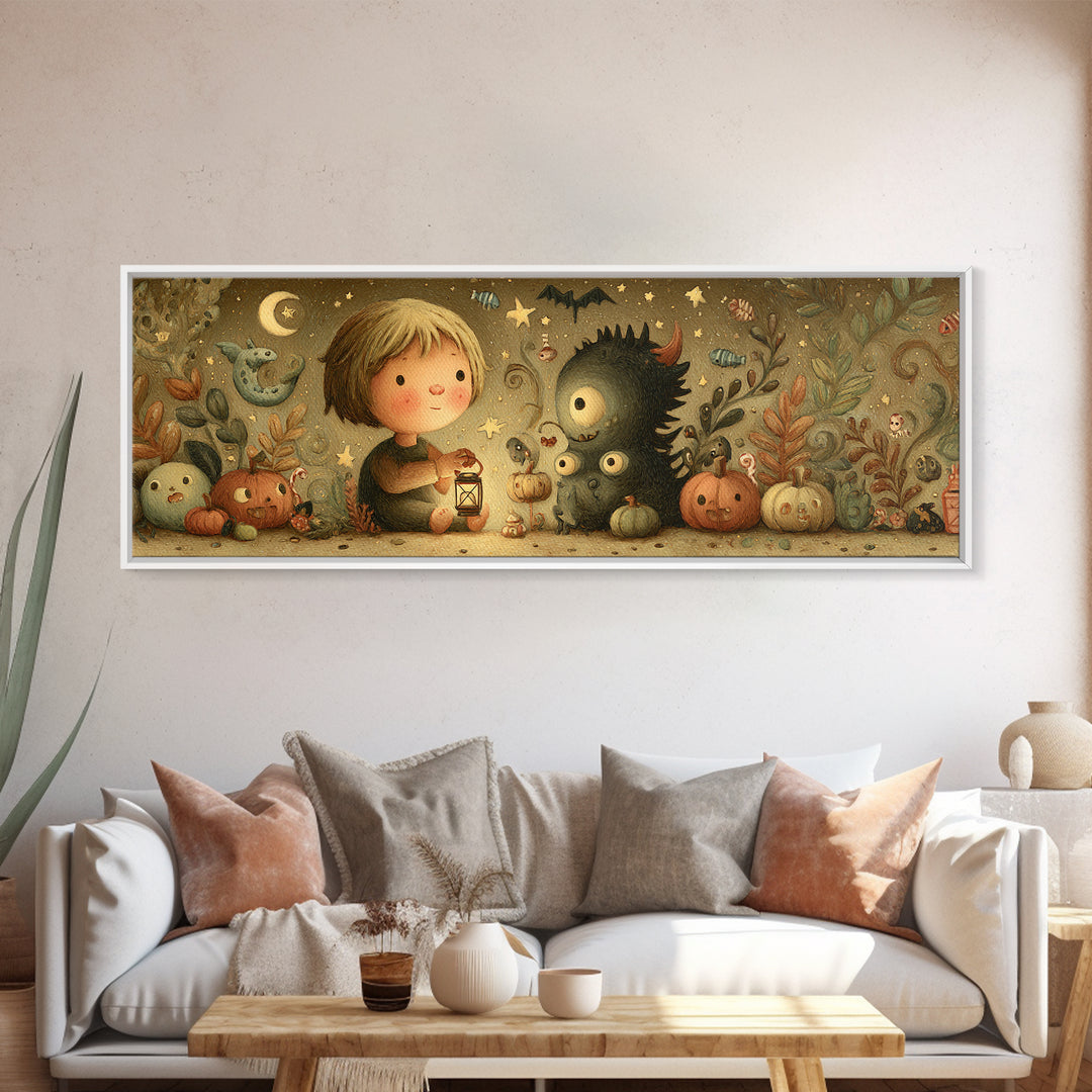The Child Who Caught A Moon-Spawn, Plush Halloween Art, Extra Wide Wall Art, Canvas Print, Cute Halloween Wall Art