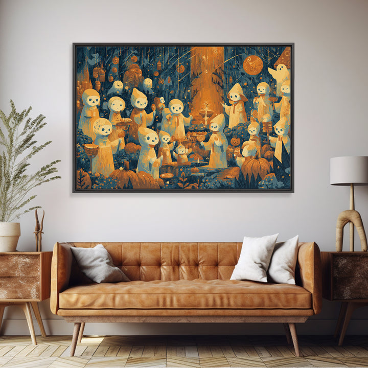 The Feast Of The Pale Cult, Screenprint Halloween Art, Landscape Wall Art, Framed Canvas Print, Cute Halloween Wall Art