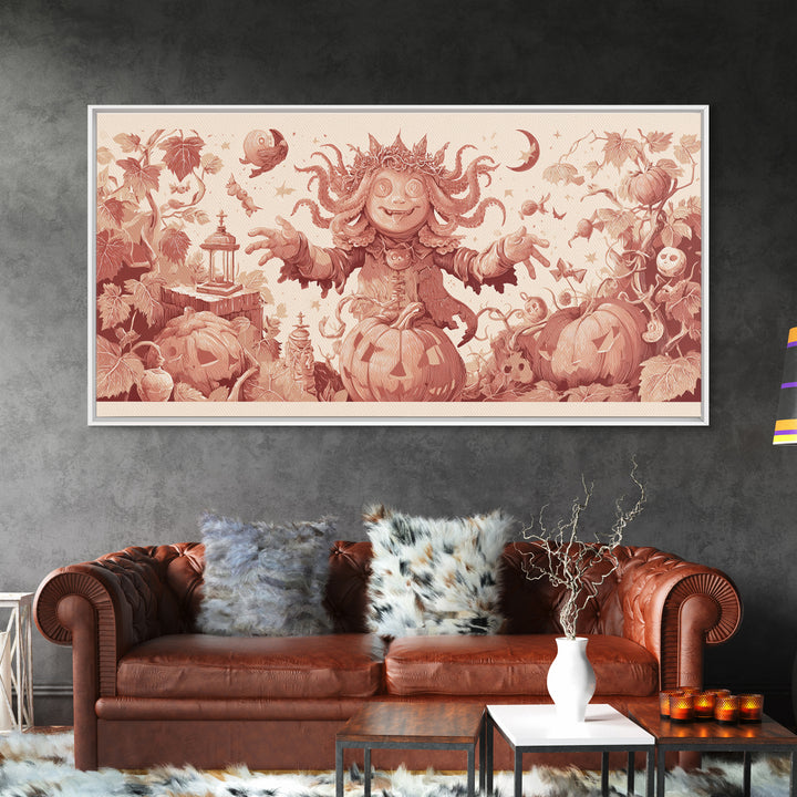 The Crown Of The Tentacled Saint, Linocut Halloween Art, Wide Panoramic Art, Framed Canvas Print, Cute Halloween Wall Art