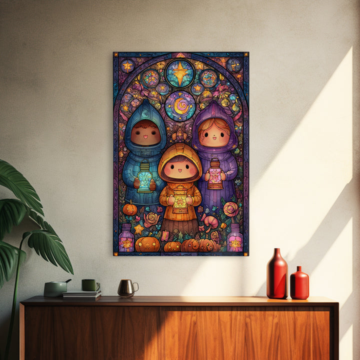 The Lantern Market Beyond The Veil, Stained Glass Halloween, Vertical Wall Art, Canvas Print, Cute Halloween Wall Art