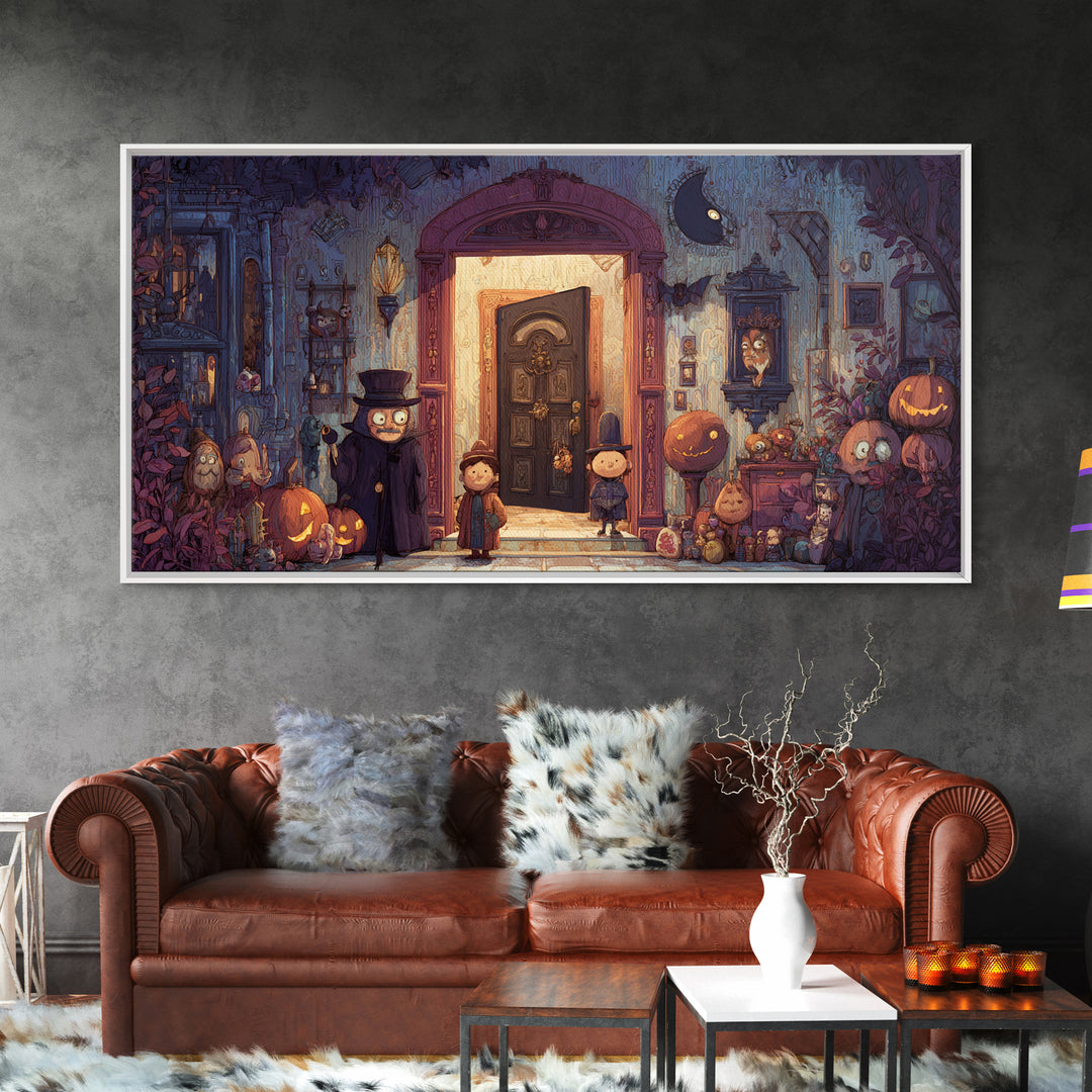 The Thirteenth Door Of Arkham House, Vector Halloween Art, Wide Panoramic Art, Framed Canvas Print, Cute Halloween Wall Art