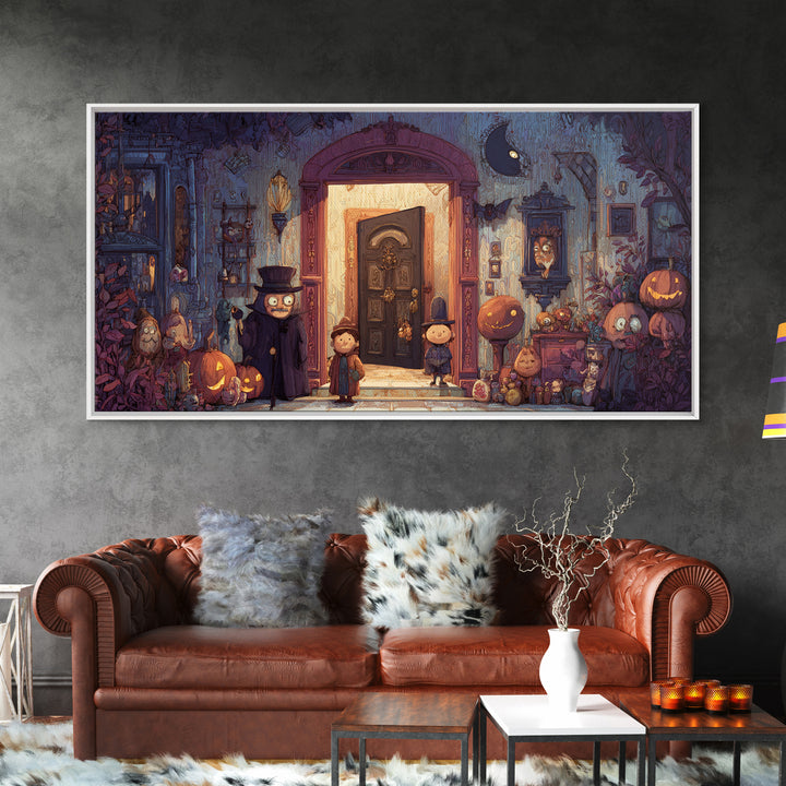 The Thirteenth Door Of Arkham House, Vector Halloween Art, Wide Panoramic Art, Framed Canvas Print, Cute Halloween Wall Art
