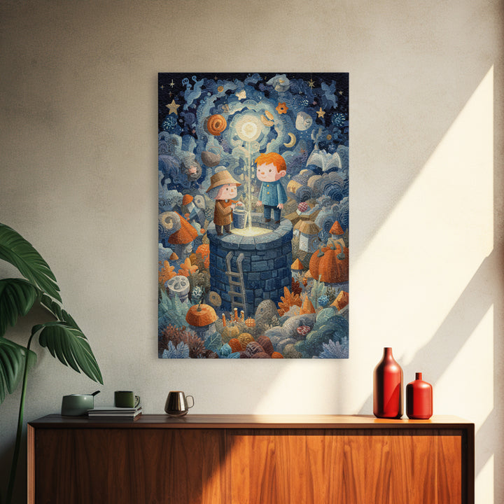 The Dreamwell Beneath Miskatonic, Gouache Halloween Art, Vertical Wall Art, Canvas Print, Cute Halloween Wall Art