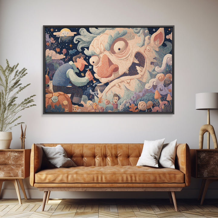 The Custodian Of The Whispering Idol, Crayon Halloween Art, Landscape Wall Art, Framed Canvas Print, Cute Halloween Wall Art