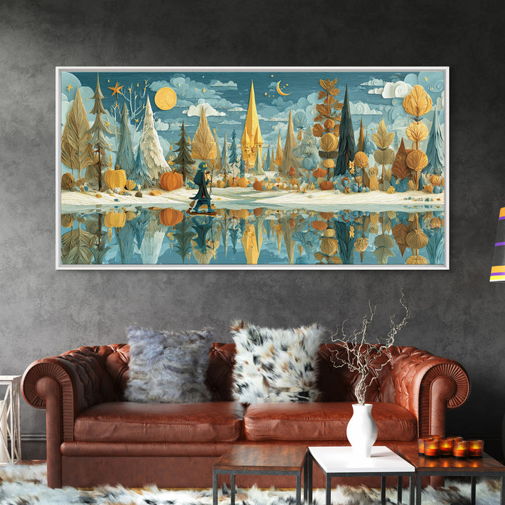 The Frost Beyond Carcosa, Paper Collage Halloween, Wide Panoramic Art, Framed Canvas Print, Cute Halloween Wall Art