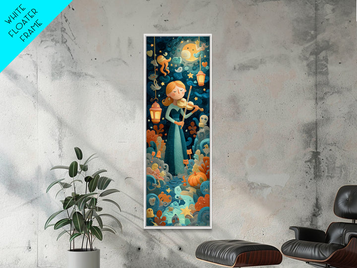 The Violinist Of The Drowned Moon, Clay Halloween Art, Tall Narrow Wall Art, Framed Canvas Print, Cute Halloween Wall Art