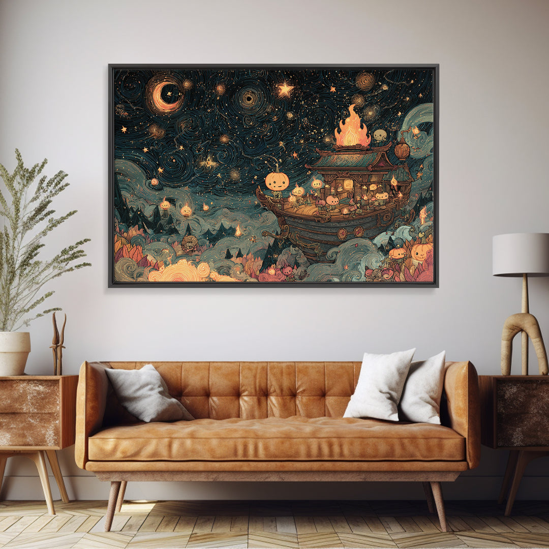 The Candelit Ark Of Forgotten Stars, Kawaii Halloween Art, Landscape Wall Art, Framed Canvas Print, Cute Halloween Wall Art
