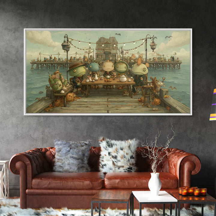 The Tea Party At Innsmouth Pier, Screenprint Halloween Art, Wide Panoramic Art, Framed Canvas Print, Cute Halloween Wall Art
