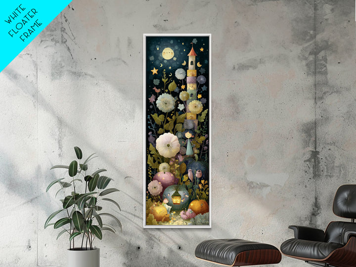 The Garden Of The Eyeless Moon, Linocut Halloween Art, Tall Narrow Wall Art, Framed Canvas Print, Cute Halloween Wall Art
