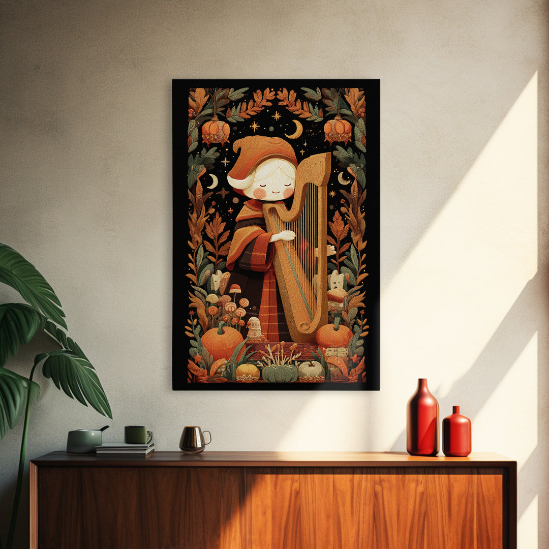 The Harpist Of Abyssal Sleep, Embroidered Halloween Art, Vertical Wall Art, Canvas Print, Cute Halloween Wall Art